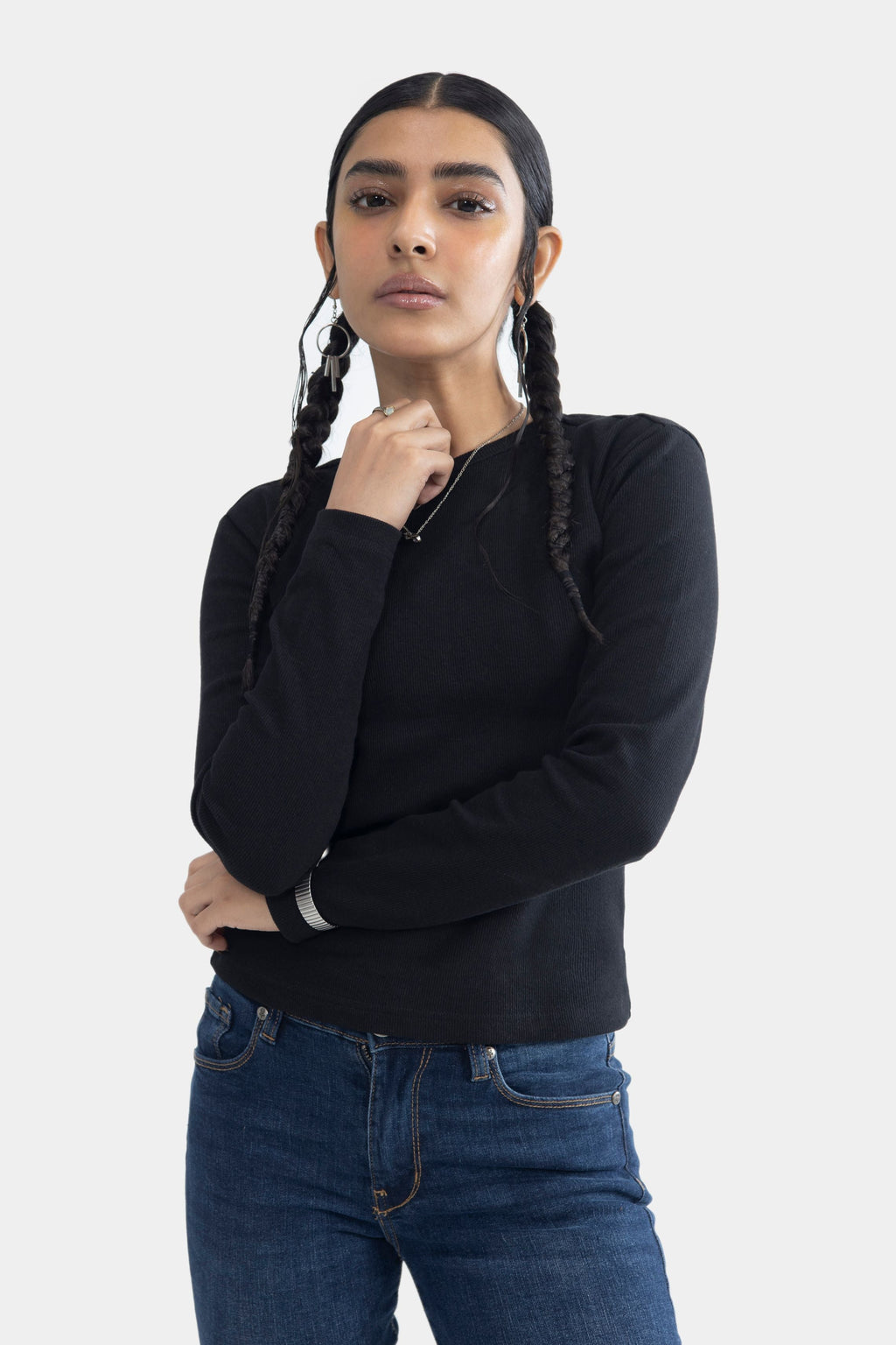Round Neck Ribbed Top - Black