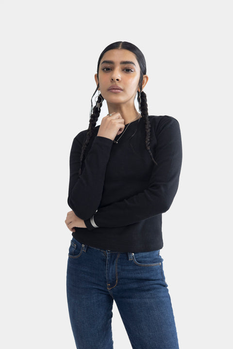 Round Neck Ribbed Top - Black