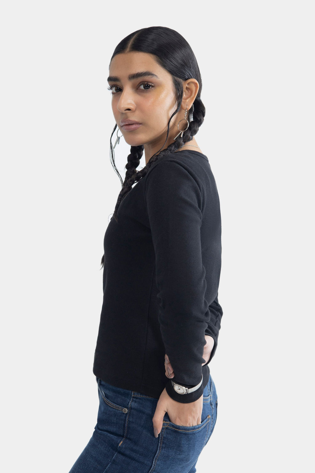 Round Neck Ribbed Top - Black