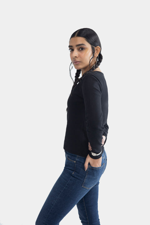 Round Neck Ribbed Top - Black