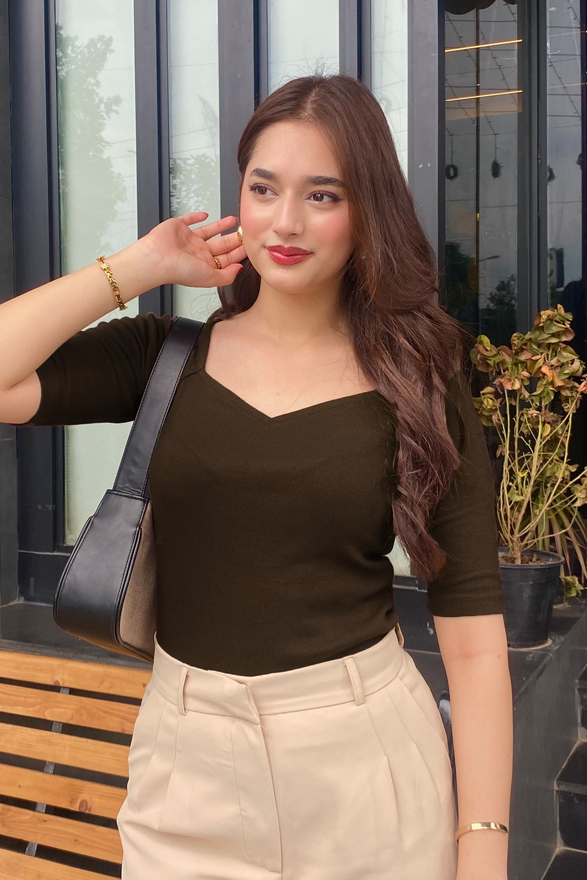 Sweet Heart Neck Top - Chocolate Brown Main image