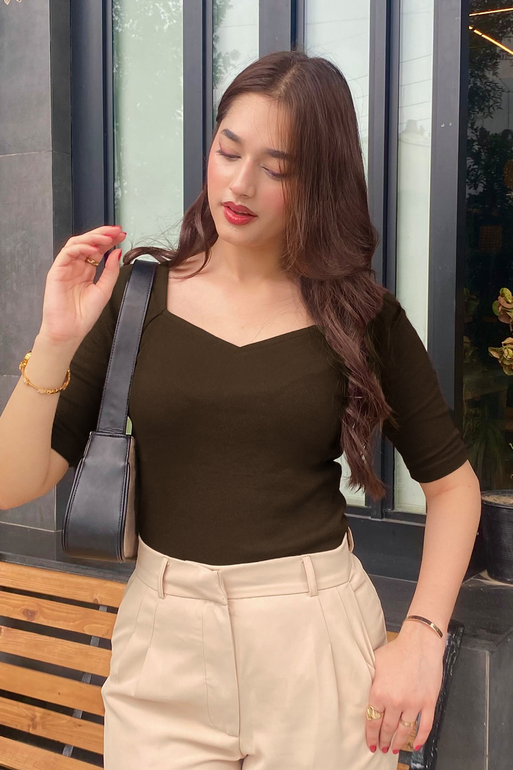 Sweet Heart Neck Top - Chocolate Brown