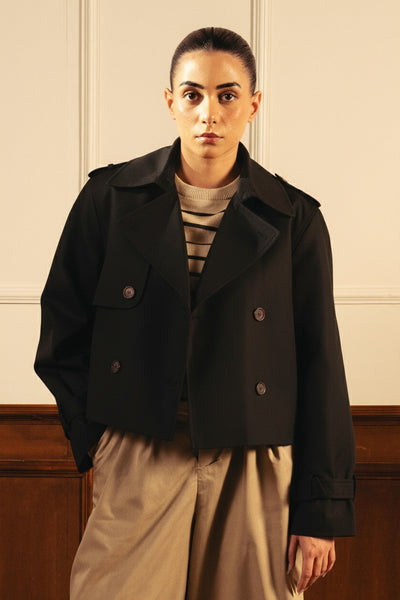 Double Breasted Cropped Trench Coat - Black