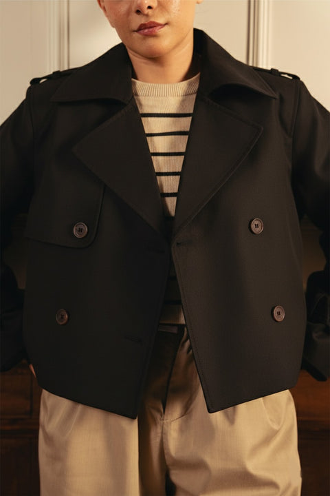 Double Breasted Cropped Trench Coat - Black