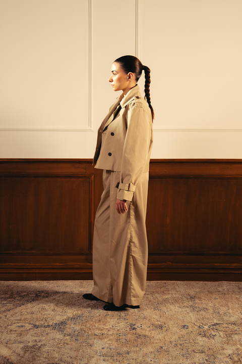 Double Breasted Cropped Trench Coat - Khaki