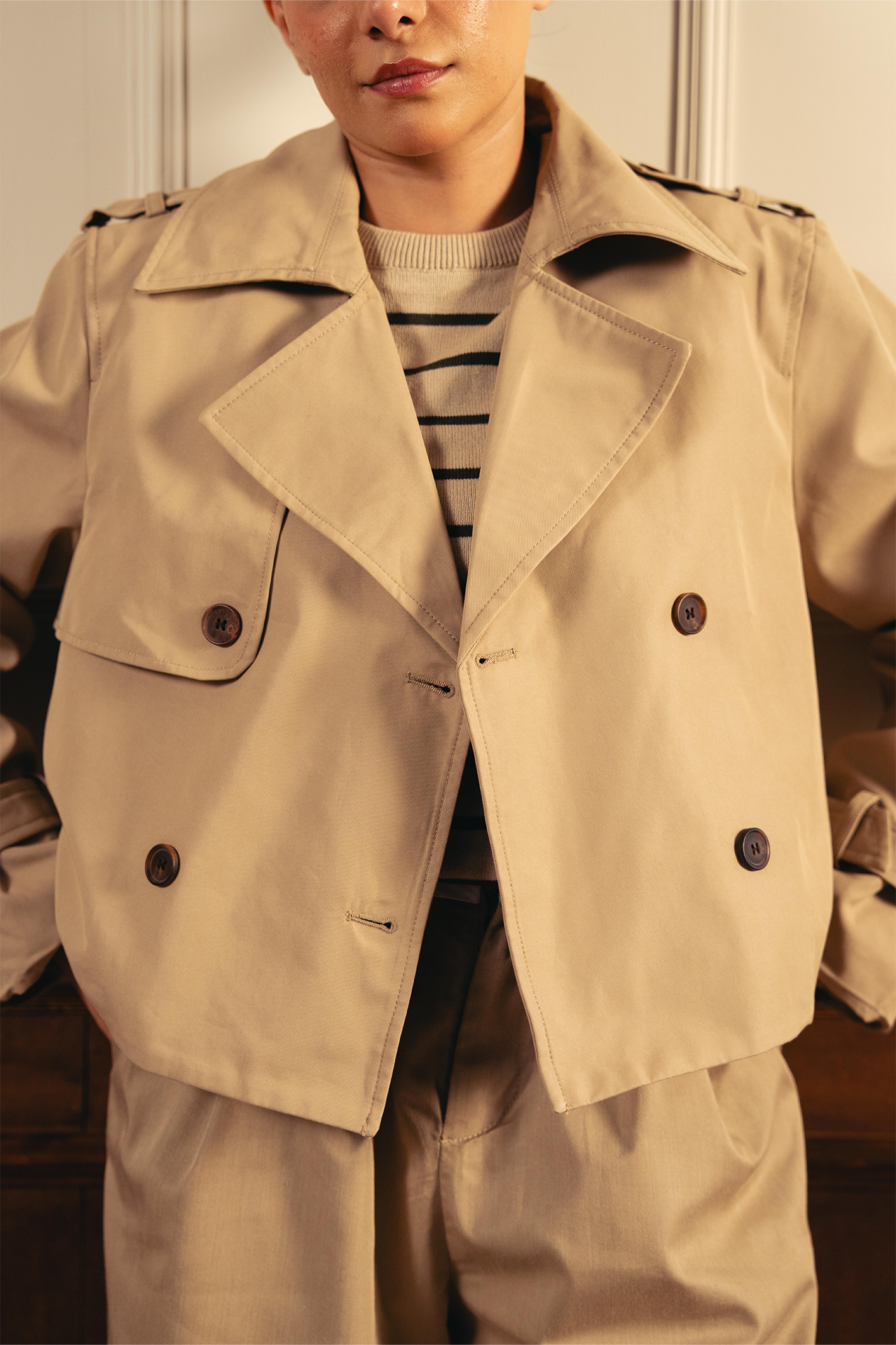 Double Breasted Cropped Trench Coat - Khaki Secondary image