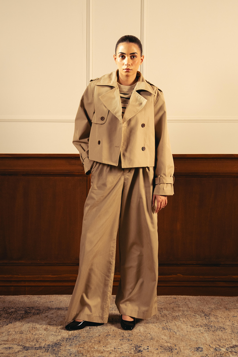 Double Breasted Cropped Trench Coat - Khaki