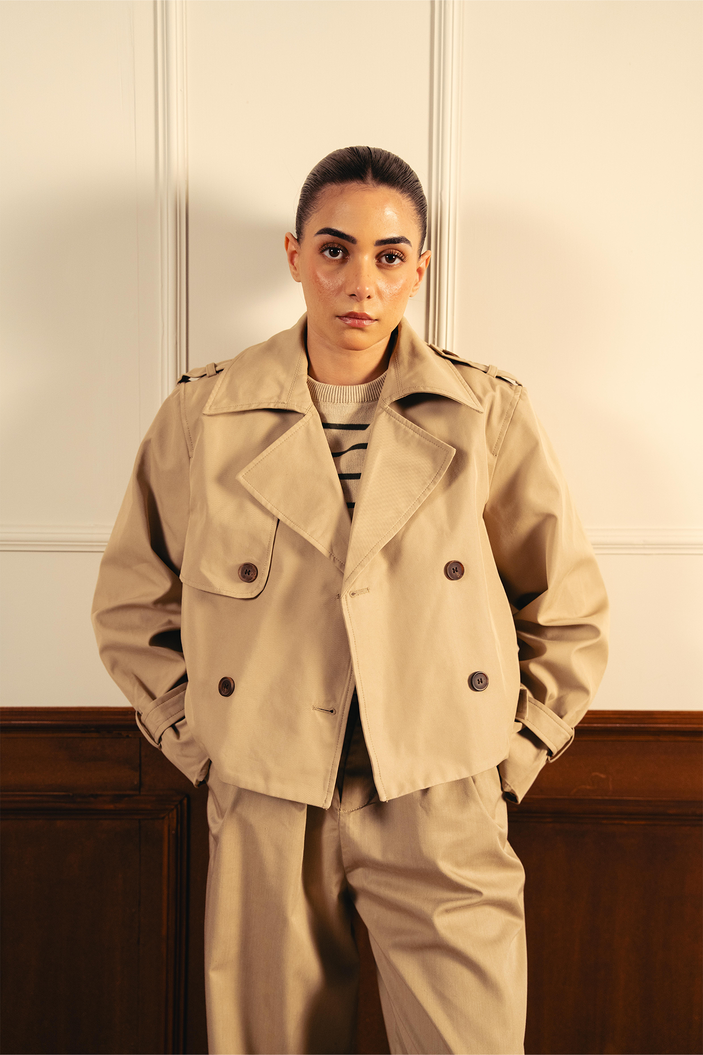 Double Breasted Cropped Trench Coat - Khaki Main image