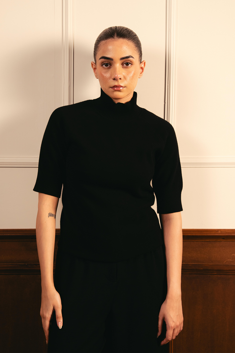 Fine Knit Mock Neck Top - Black