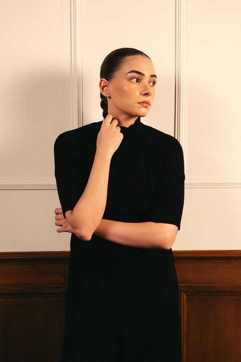 Fine Knit Mock Neck Top - Black