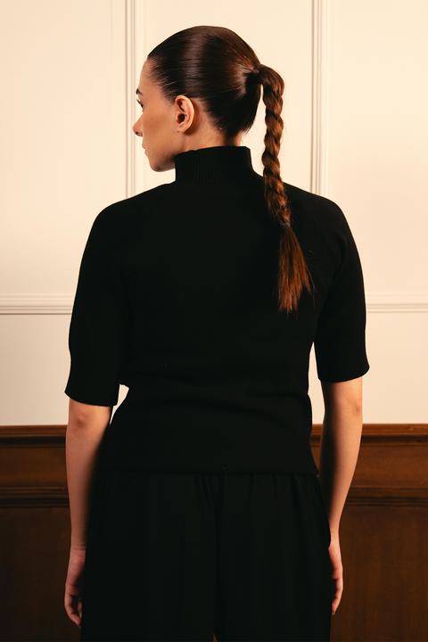 Fine Knit Mock Neck Top - Black