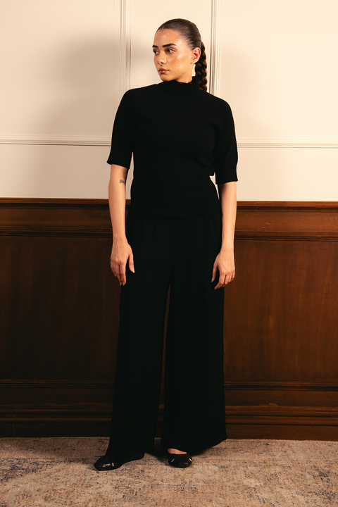 Fine Knit Mock Neck Top - Black