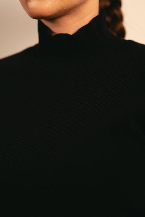 Fine Knit Mock Neck Top - Black
