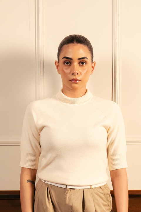 Fine Knit Mock Neck Top - Cream