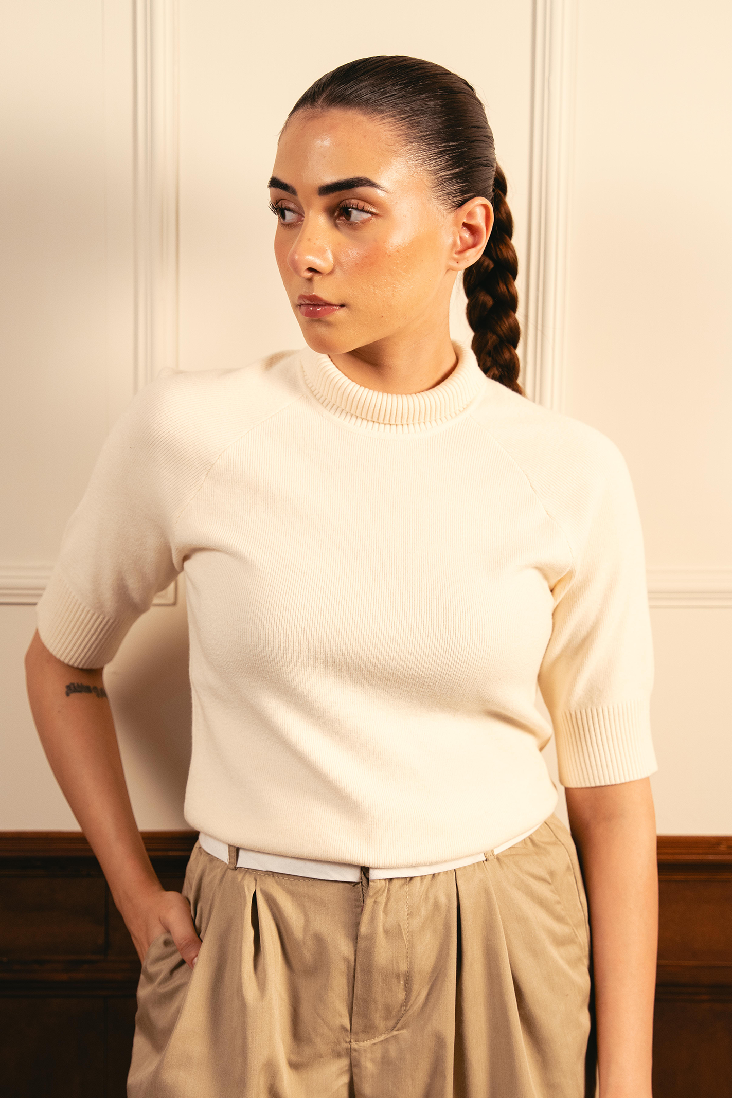 Fine Knit Mock Neck Top - Cream Main image