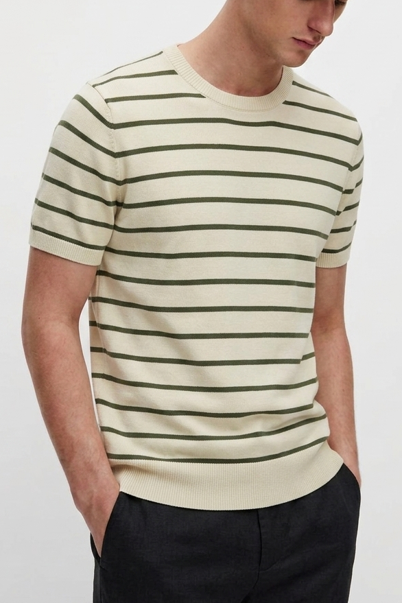 Men Soft Knit Stripe Tee - Cream and Green Main image