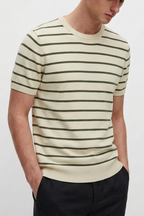 Men Soft Knit Stripe Tee - Cream and Green