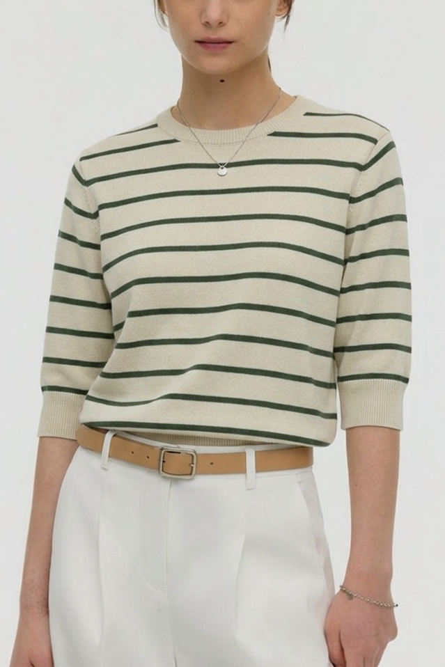 Women Soft Knit Stripe Tee - Cream and Green