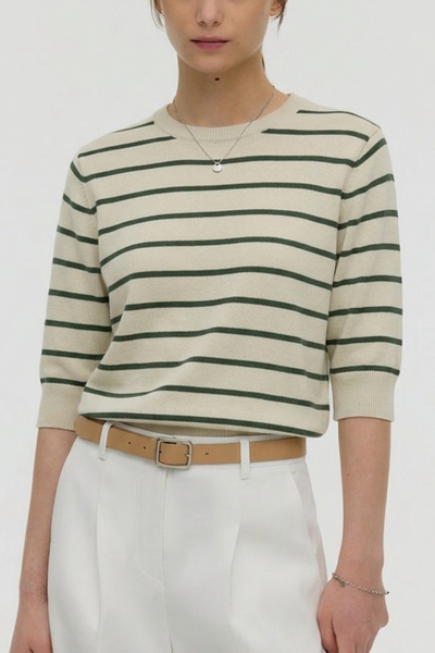 Women Soft Knit Stripe Tee - Cream and Green