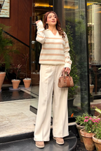 Autumn Glow Stripped Polo Sweater - Cream