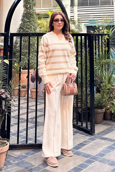 Autumn Glow Stripped Polo Sweater - Cream