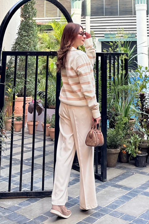 Autumn Glow Stripped Polo Sweater - Cream