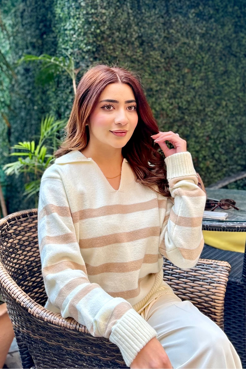 Autumn Glow Stripped Polo Sweater - Cream