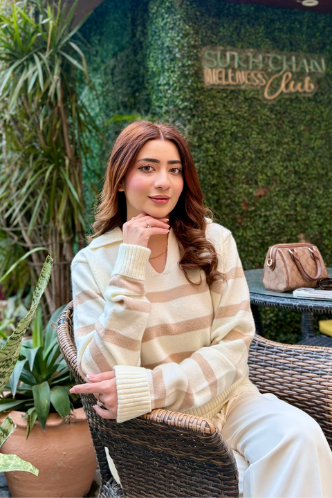 Autumn Glow Stripped Polo Sweater - Cream