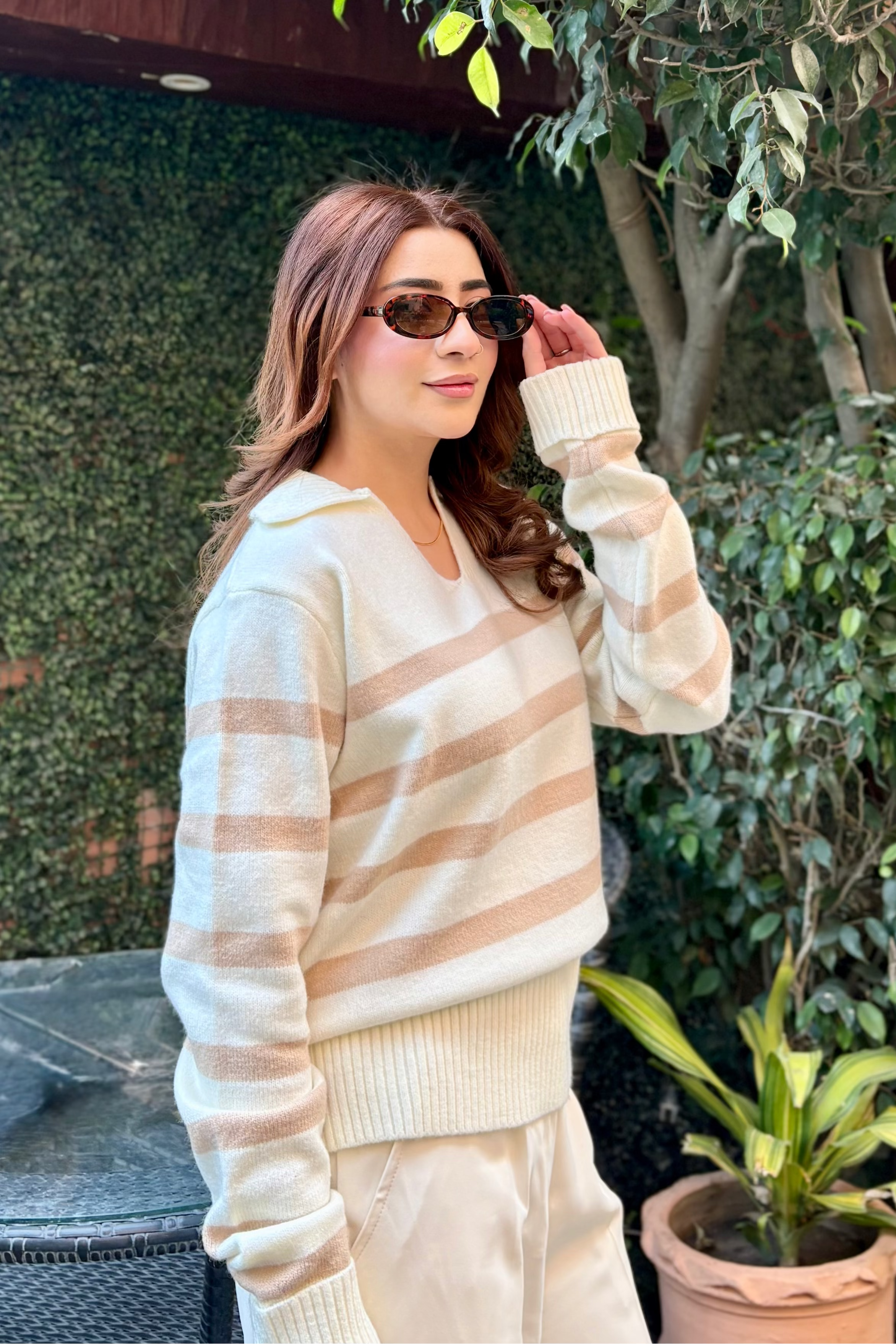 Autumn Glow Stripped Polo Sweater - Cream Secondary image