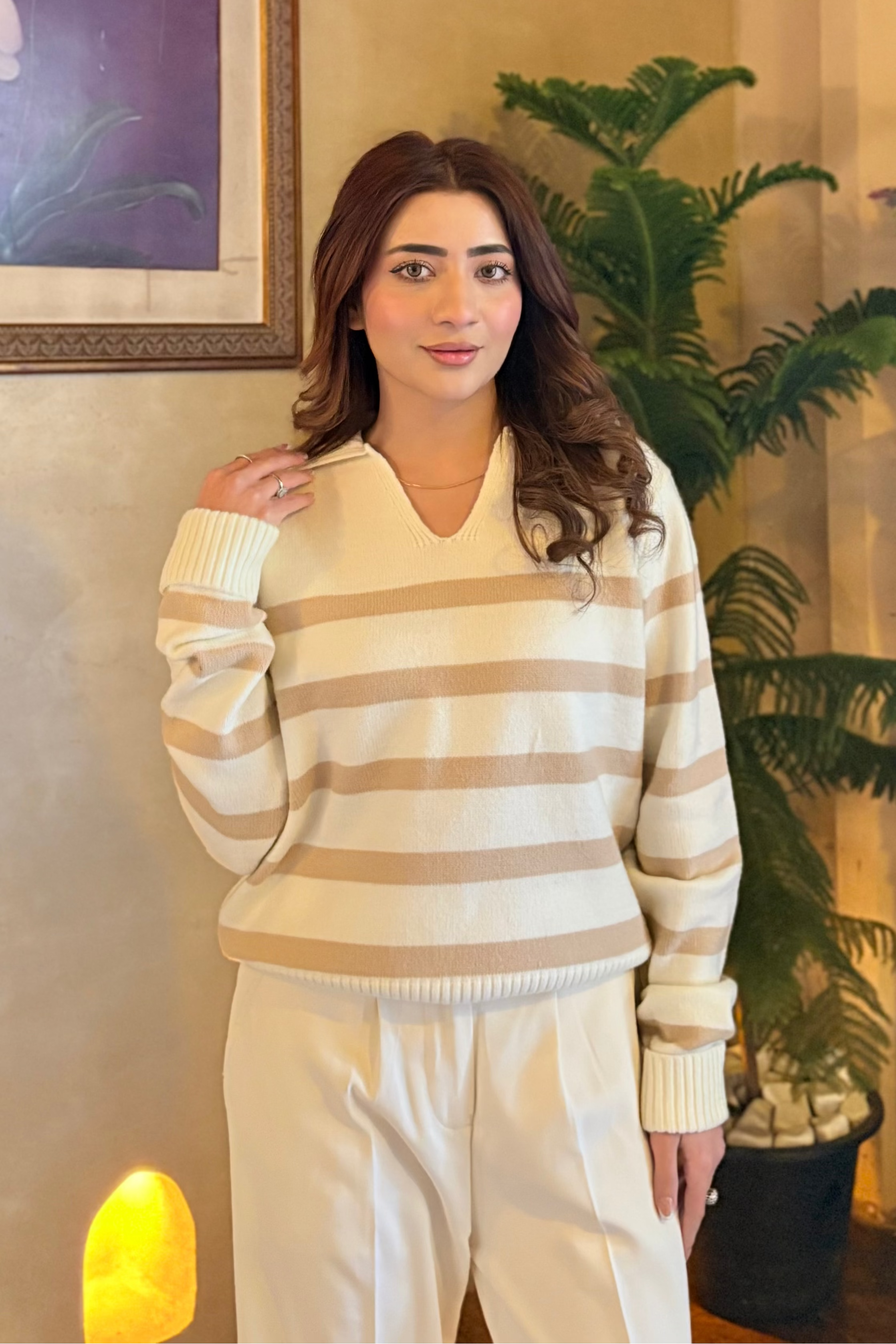 Autumn Glow Stripped Polo Sweater - Cream Main image