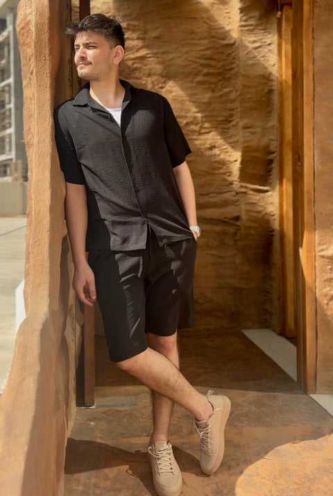 Men's Cuban Collar Co-ord Set - Black