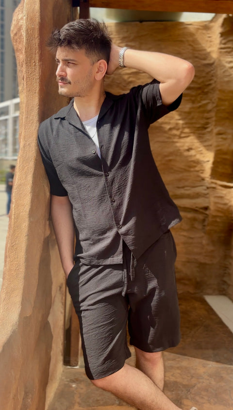 Men's Cuban Collar Co-ord Set - Black