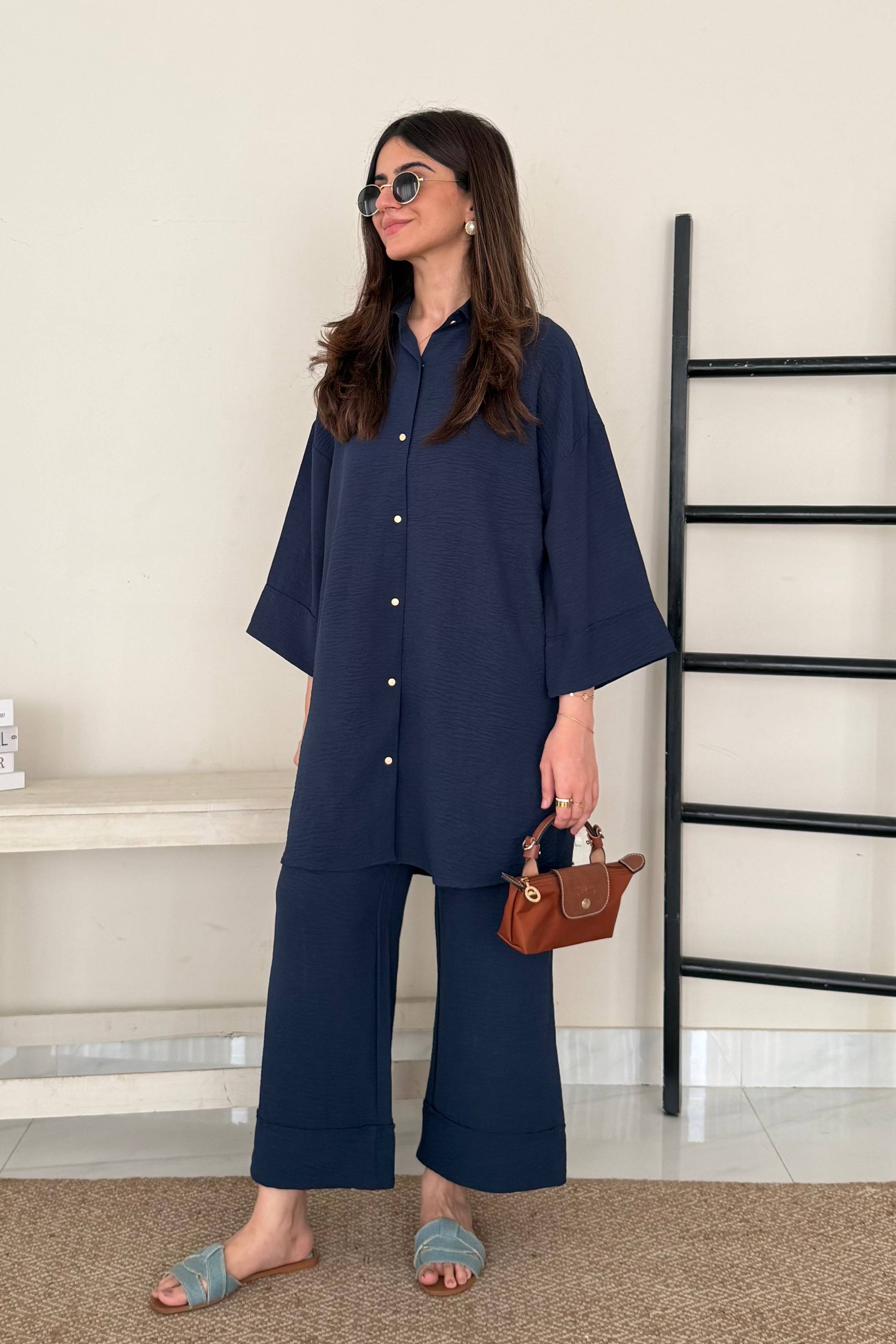 Textured Button Down Co-ord Set - Navy