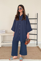 Textured Button Down Co-ord Set - Navy