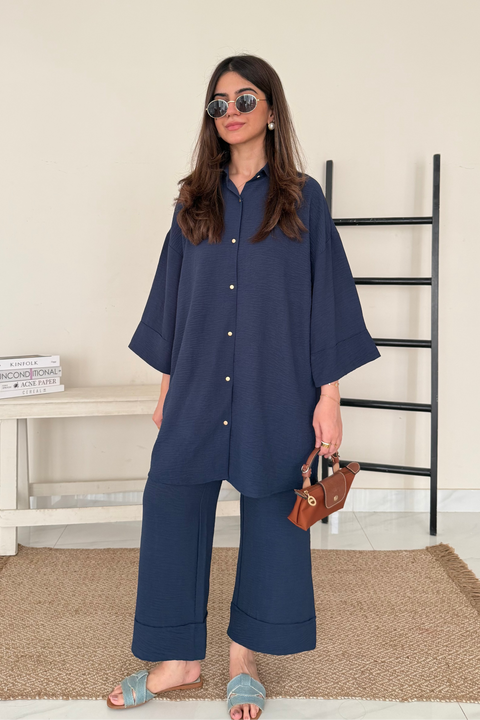 Textured Button Down Co-ord Set - Navy