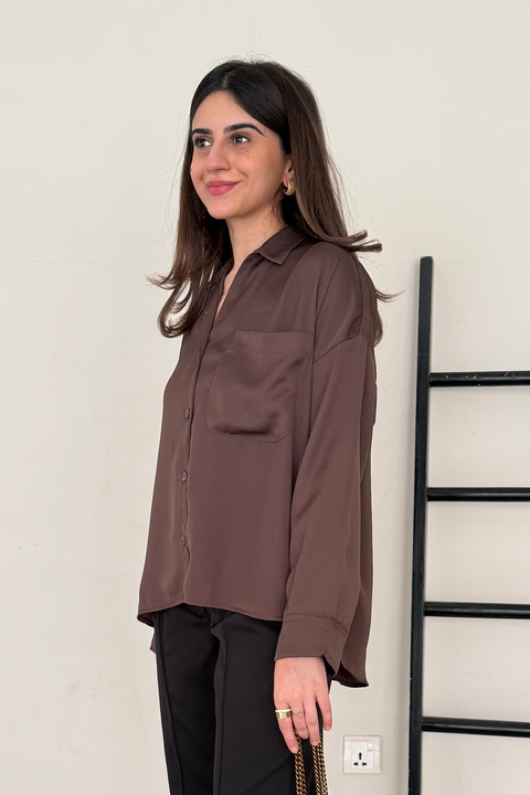 Satin Button-down Shirt - Chocolate Brown