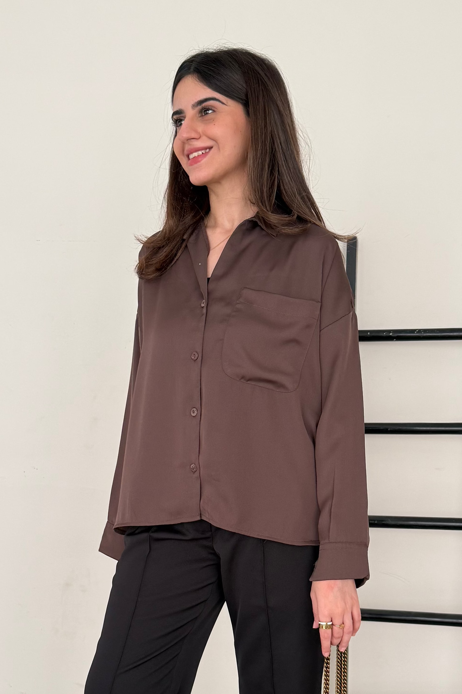 Satin Button-down Shirt - Chocolate Brown Main image