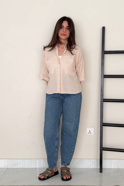Cropped Shirt with Pockets - Beige