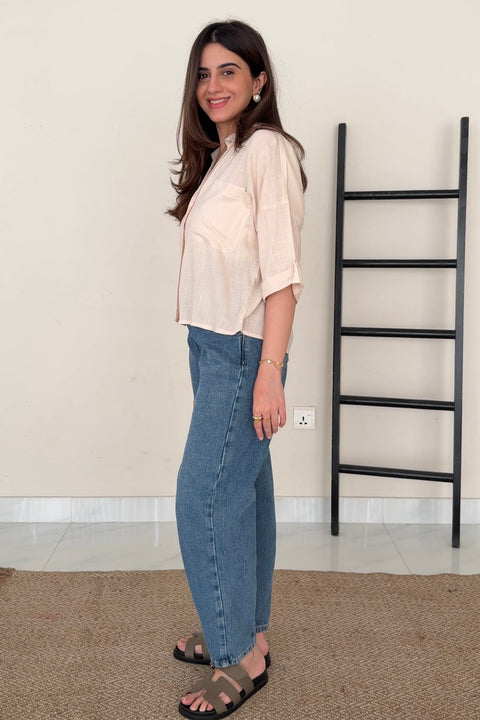 Cropped Shirt with Pockets - Beige