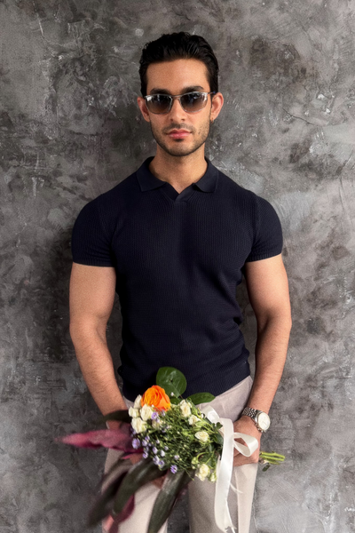 Johnny Collar Textured Knitted Polo Shirt – Navy