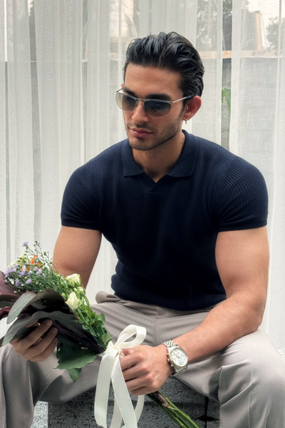 Johnny Collar Textured Knitted Polo Shirt – Navy