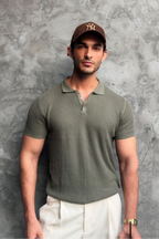 Textured Knitted Polo Shirt – Light Olive