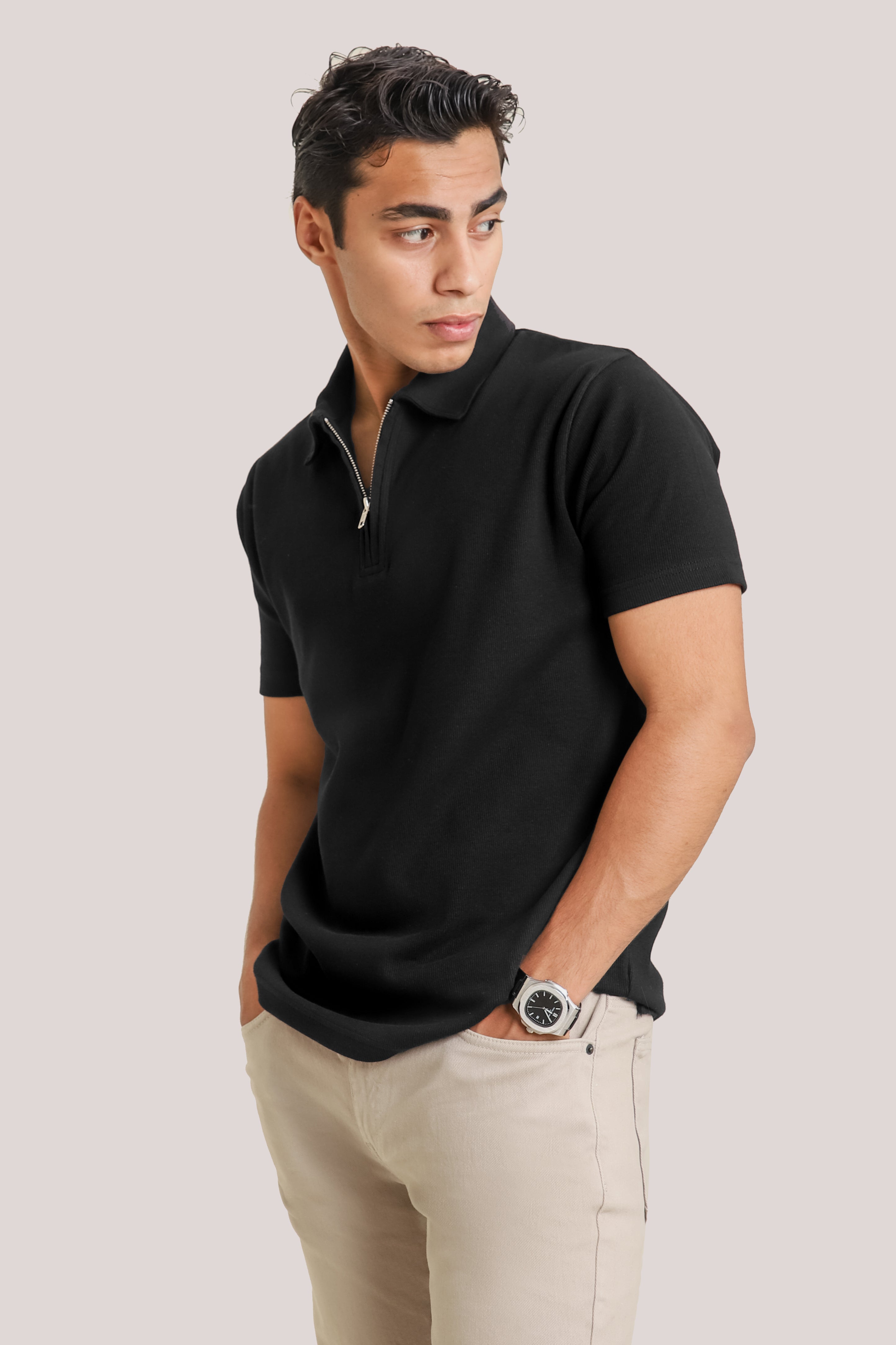 Rib textured zipper polo - Black Secondary image