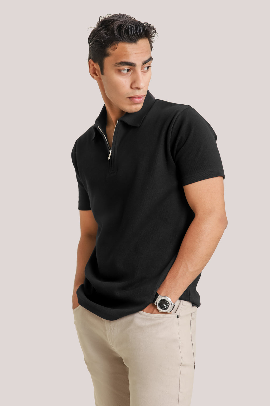 Rib textured zipper polo - Black