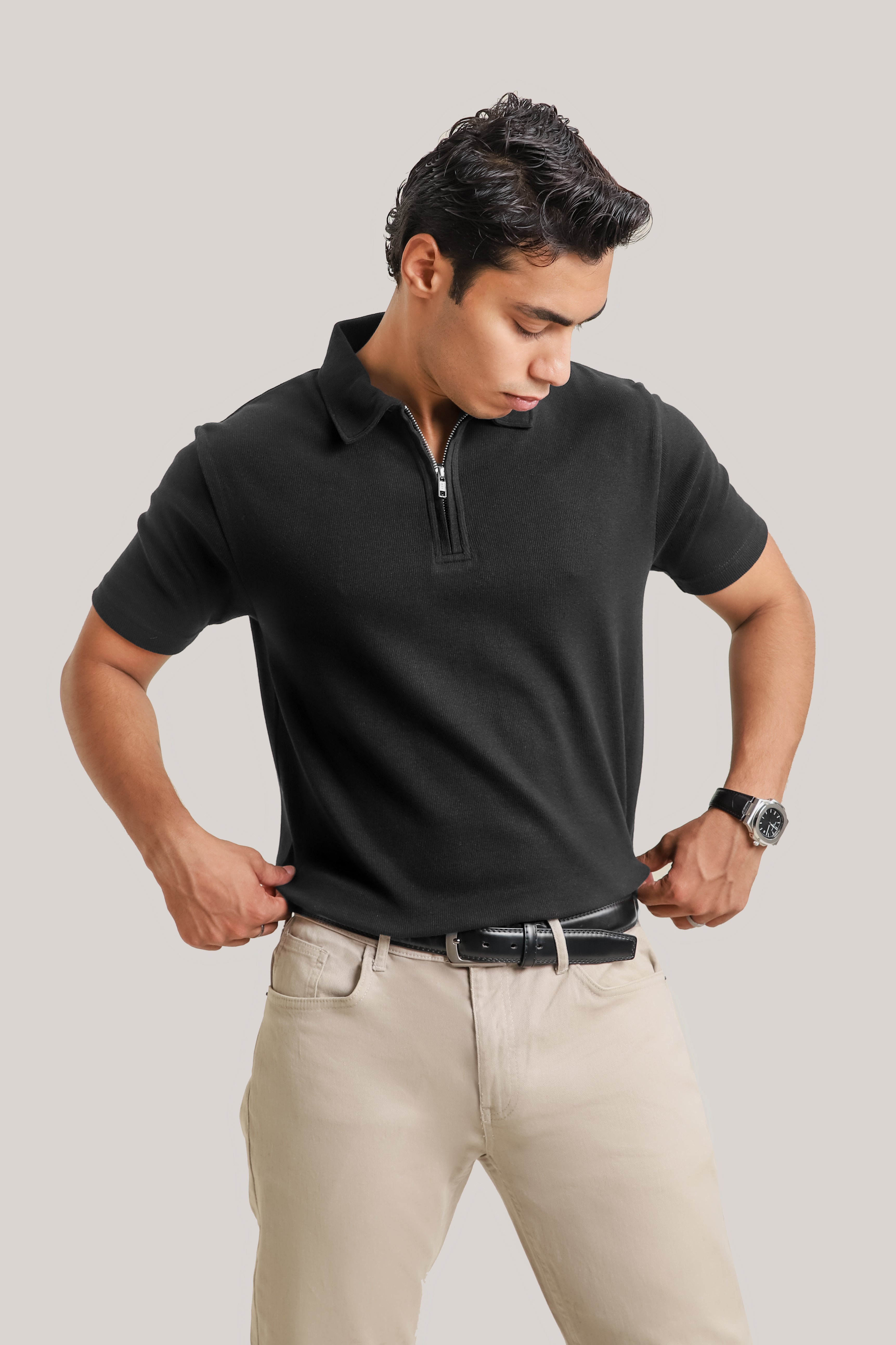 Rib textured zipper polo - Black Main image