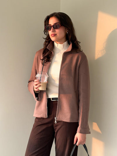 Women Full Zipper Jacket - Brown