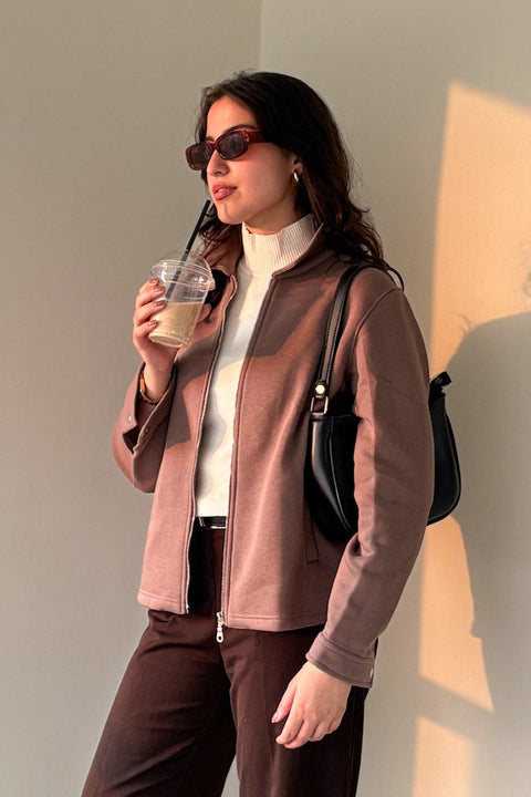 Women Full Zipper Jacket - Brown