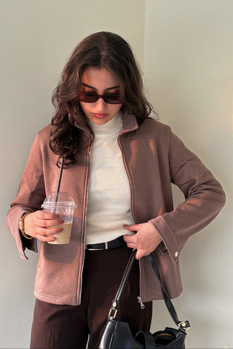 Women Full Zipper Jacket - Brown