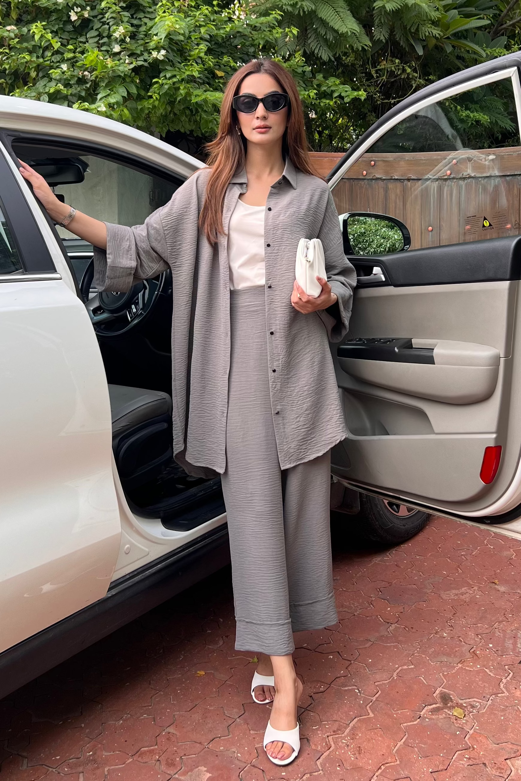 Textured Button Down Co-ord Set - Ice Grey Main image