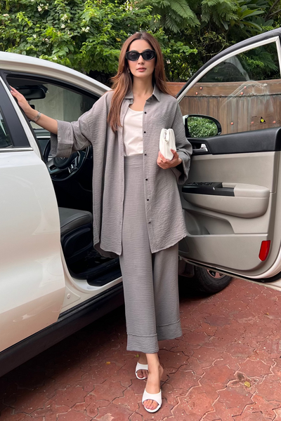 Textured Button Down Co-ord Set - Ice Grey